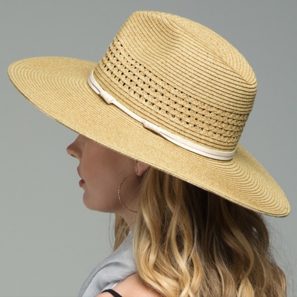 Woven Panama Hat - Light Natural Color - White Faux Leather Band - Lightweight - Picture 2 of 5